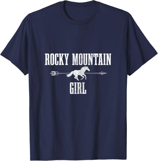 Rocky Mountains Colorado Vintage Girl Horse Riding T-Shirt - T-Shirt | Navy