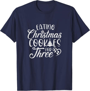 Christmas Pregnancy Twins Cute Xmas Eating Cookies For Three T-Shirt - T-Shirt | Navy