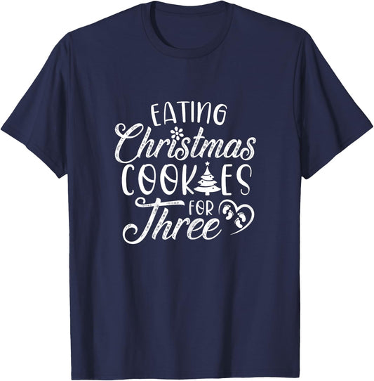 Christmas Pregnancy Twins Cute Xmas Eating Cookies For Three T-Shirt - T-Shirt | Navy