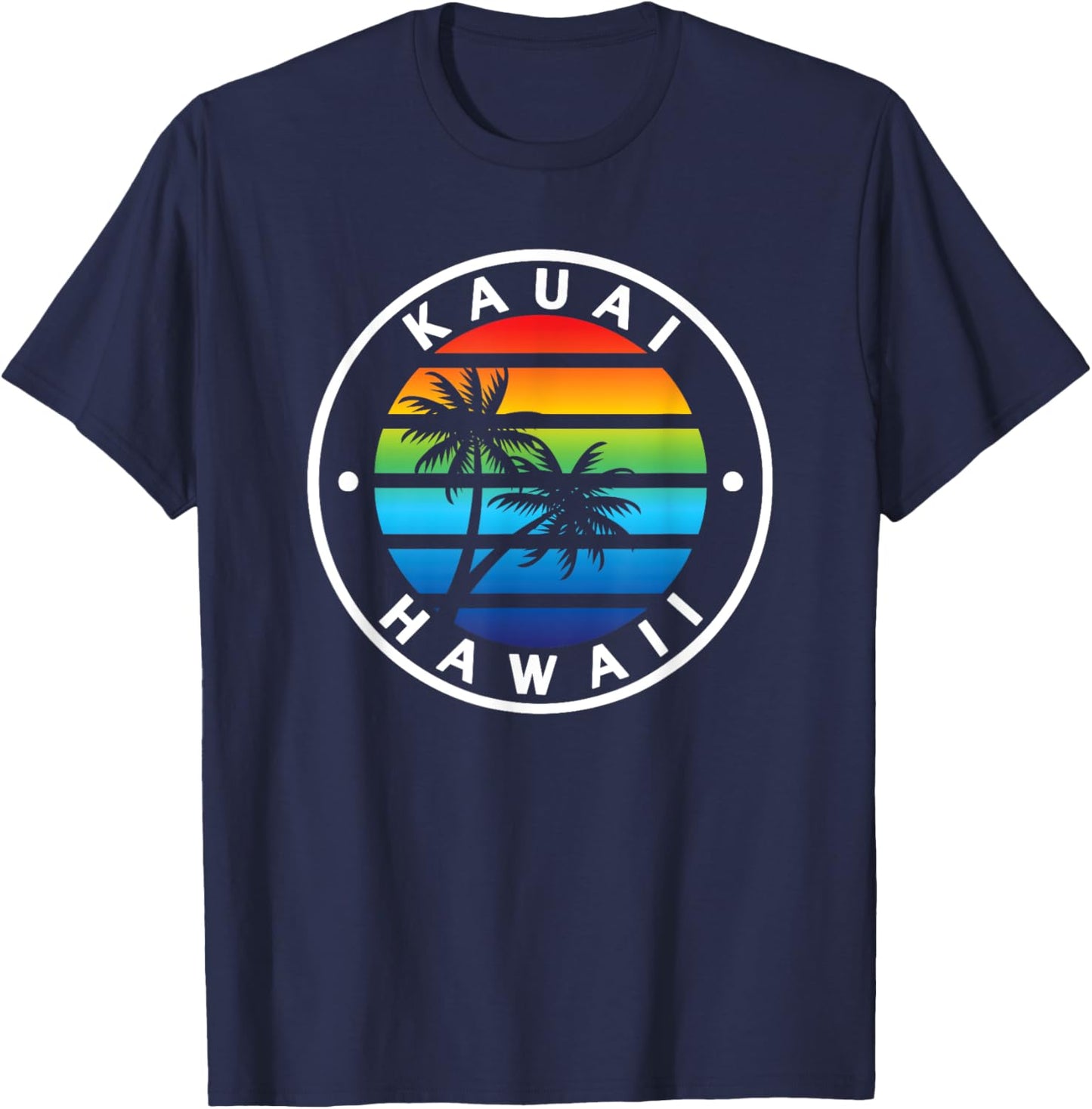 Kauai Hawaii Hawaiian Rainbow Sunset Palm Tree Vacation T-Shirt - T-Shirt | Navy