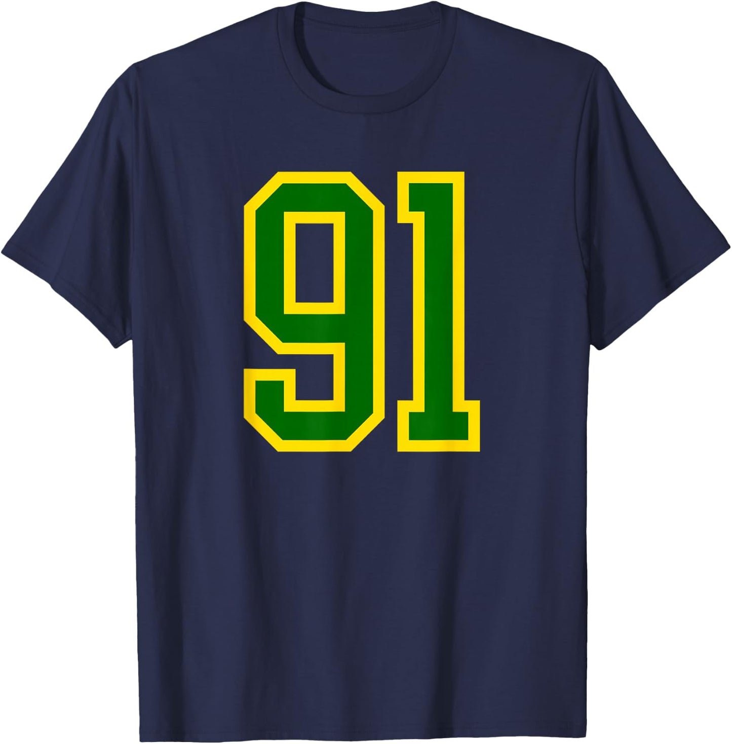 Green Yellow Sports Team Number #91 T-Shirt - T-Shirt | Navy