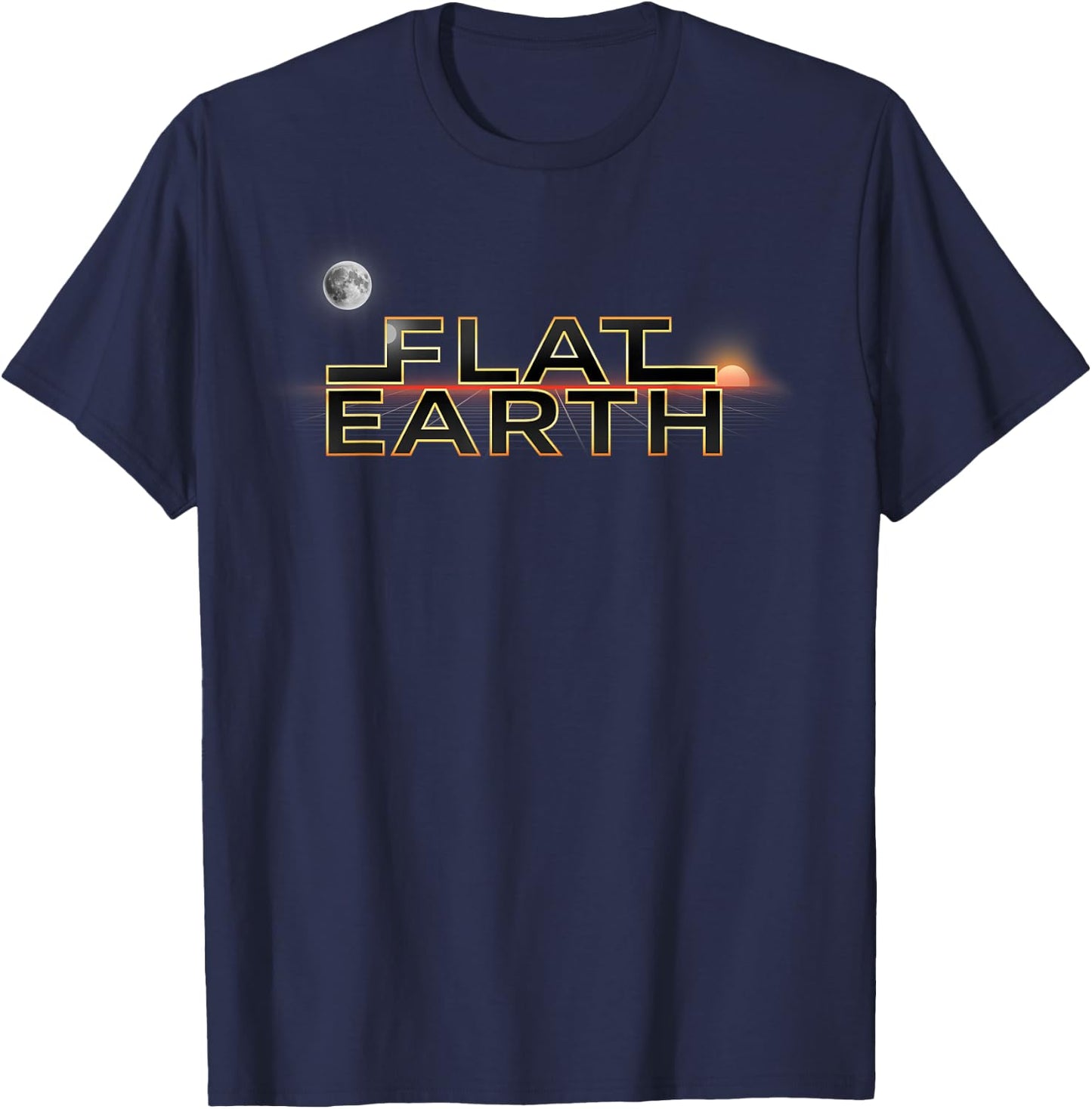 Flat Earth Sun Moon horizon at sunset firmament T-Shirt - T-Shirt | Navy