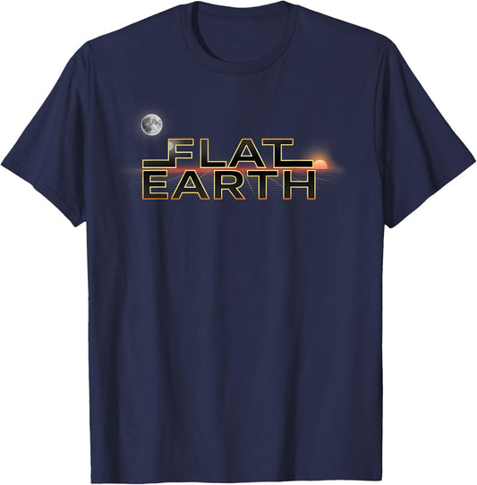Flat Earth Sun Moon horizon at sunset firmament T-Shirt - T-Shirt | Navy