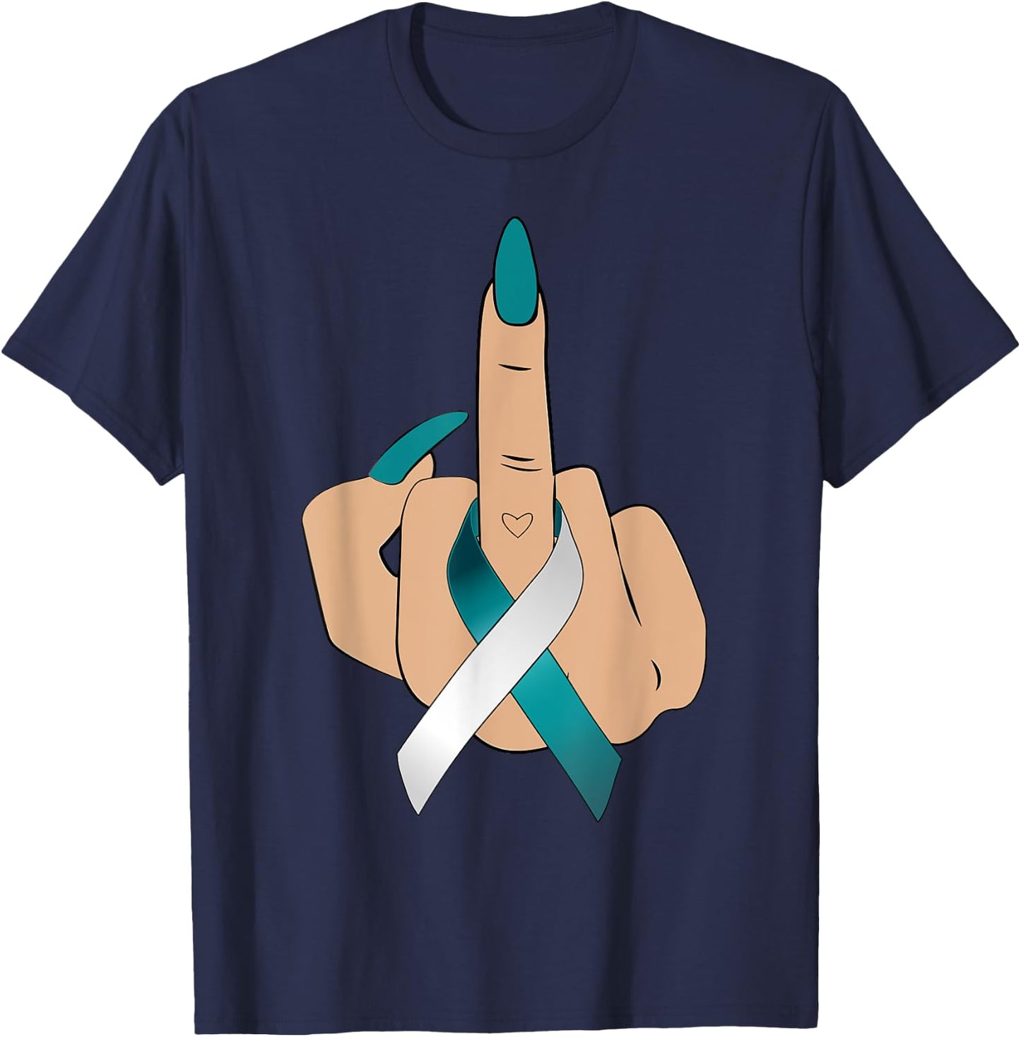 Middle Finger Woman Teal White Ribbon Cervical Cancer Women T-Shirt - T-Shirt | Navy