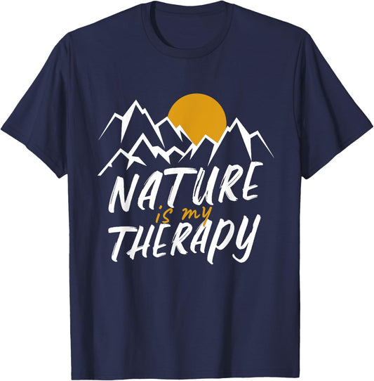 Nature Is My Therapy Hiking Camping -Adults Black Cotton 60% Polyester 40% Short Sleeve Classic Fit Small T-Shirt - T-Shirt | Navy