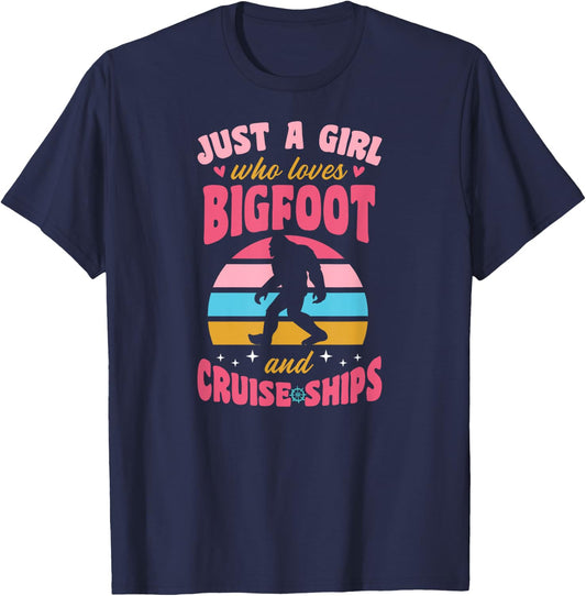 Just A Girl Who Loves Bigfoot And Cruise Ships Retro 70s T-Shirt - T-Shirt | Navy