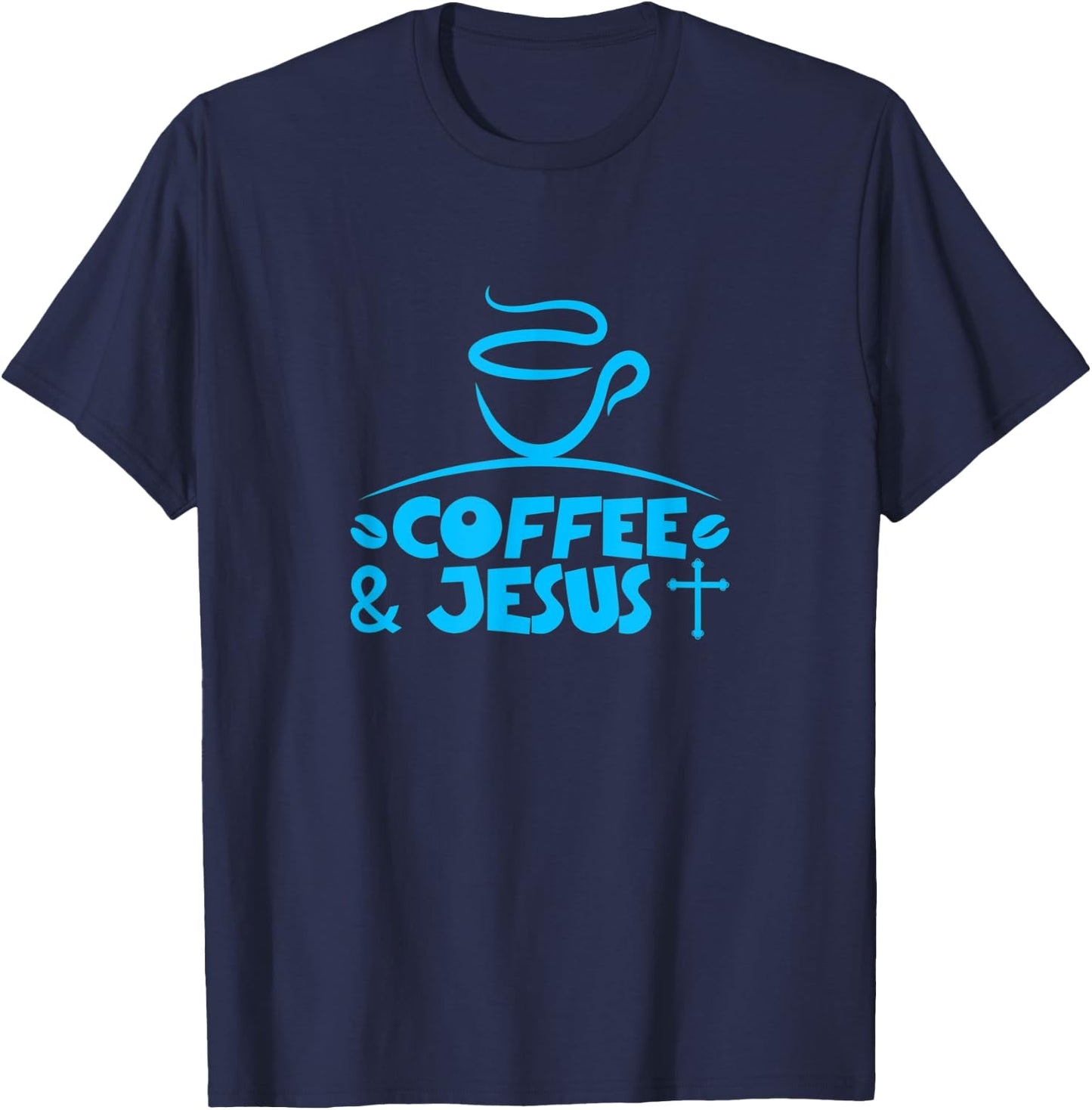 Coffee & Jesus with Cross and Coffee Beans T-Shirt - T-Shirt | Navy
