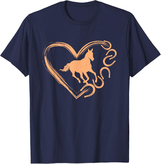 Horseshoe Heart Shaped Design - Horse Lover Horseback Riding T-Shirt - T-Shirt | Navy