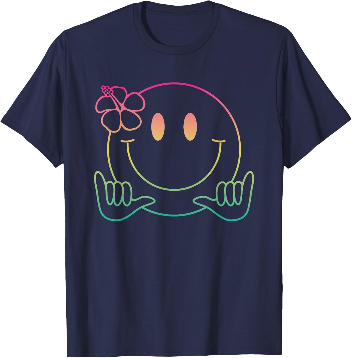 Hibiscus Shaka Smile Face Rainbow Happy Face Aloha Hawaiian T-Shirt - T-Shirt | Navy