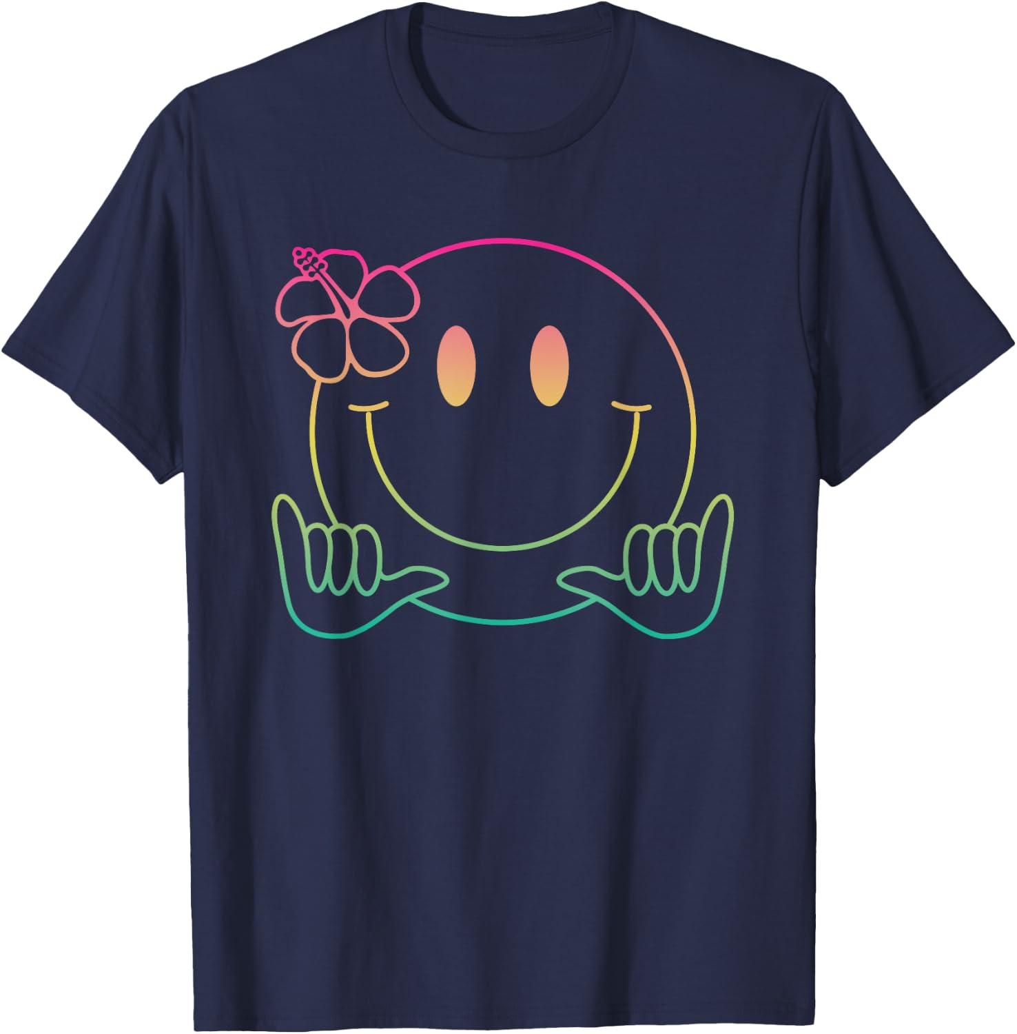 Hibiscus Shaka Smile Face Rainbow Happy Face Aloha Hawaiian T-Shirt - T-Shirt | Navy