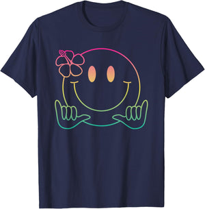 Hibiscus Shaka Smile Face Rainbow Happy Face Aloha Hawaiian T-Shirt - T-Shirt | Navy
