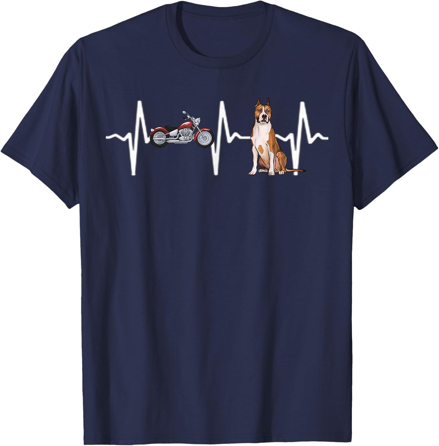 Motorcycle American Staffordshire Terrier Heartbeat Dog Men Women Kids T-Shirt - T-Shirt | Navy