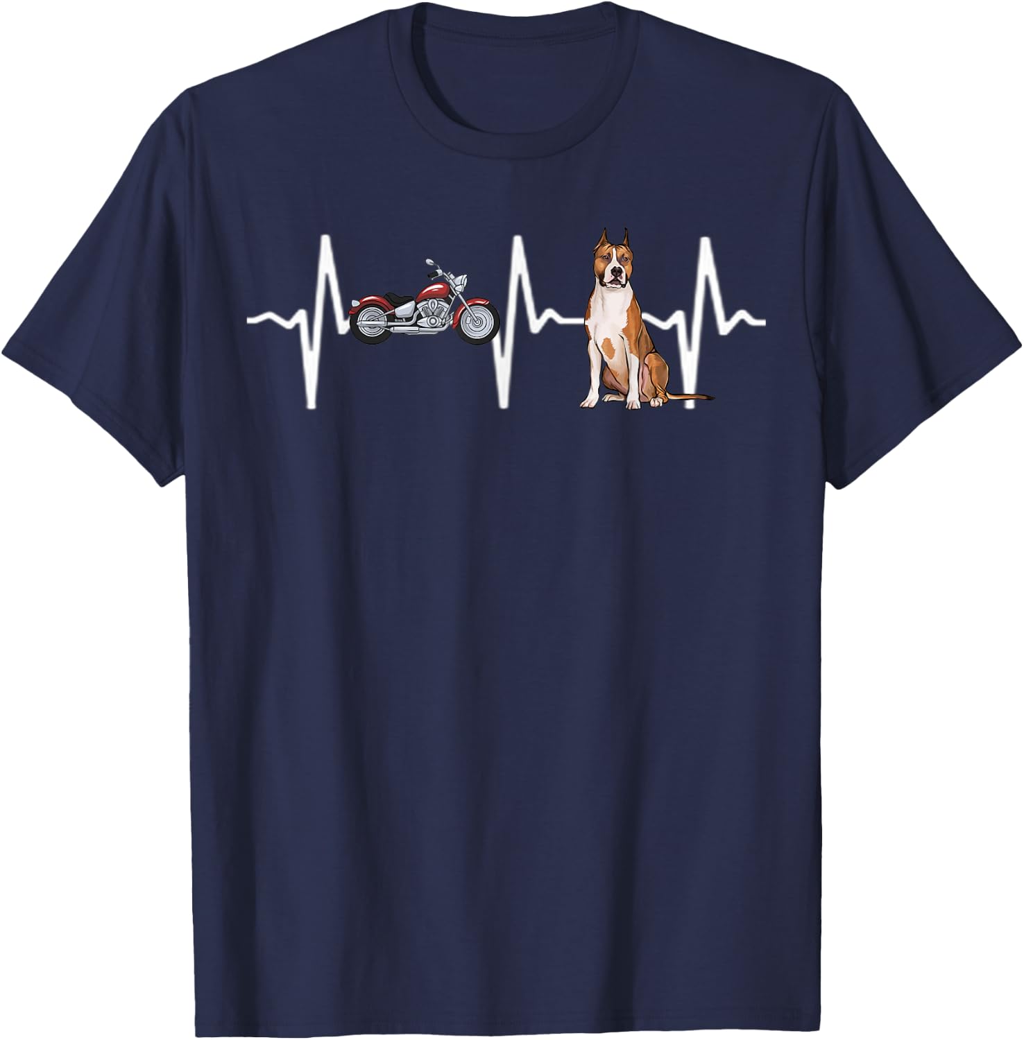 Motorcycle American Staffordshire Terrier Heartbeat Dog Men Women Kids T-Shirt - T-Shirt | Navy