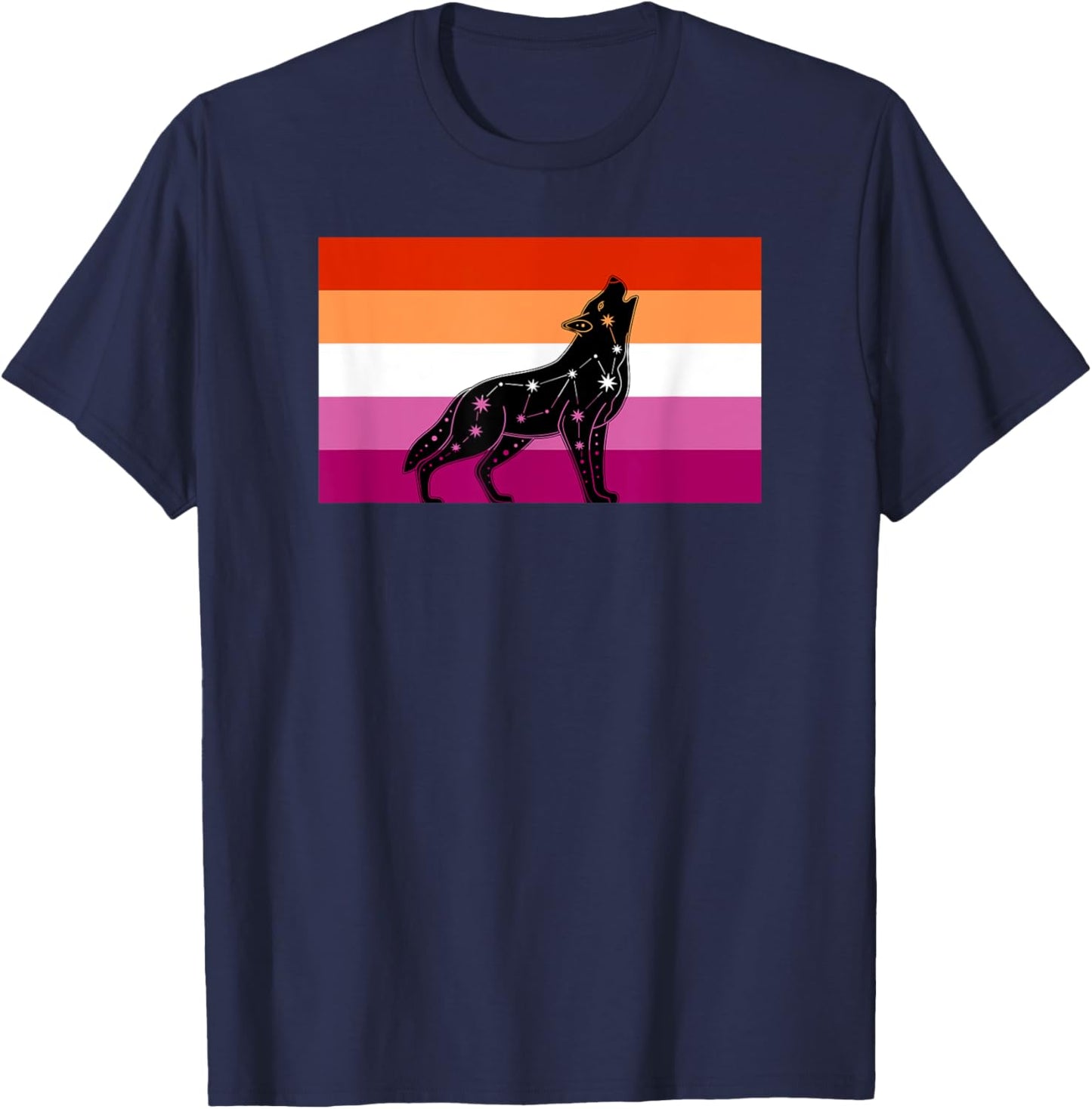 Celestial Wolf Lesbian Pride Flag Tribal Galaxy Aesthetic T-Shirt - T-Shirt | Navy