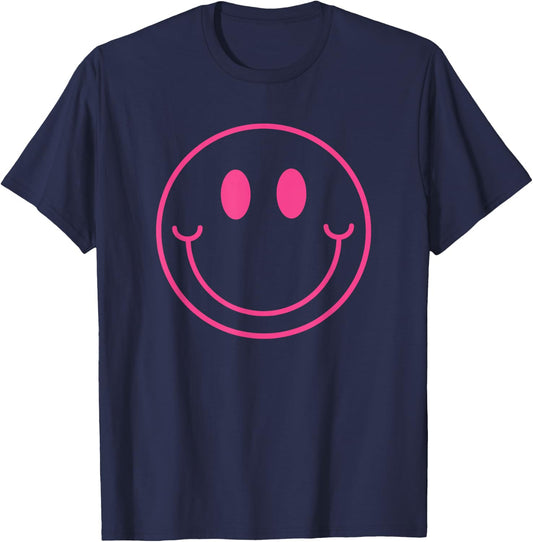 70s Cute Pink Smile Face Shirt Peace Happy Smiling Face T-Shirt - T-Shirt | Navy