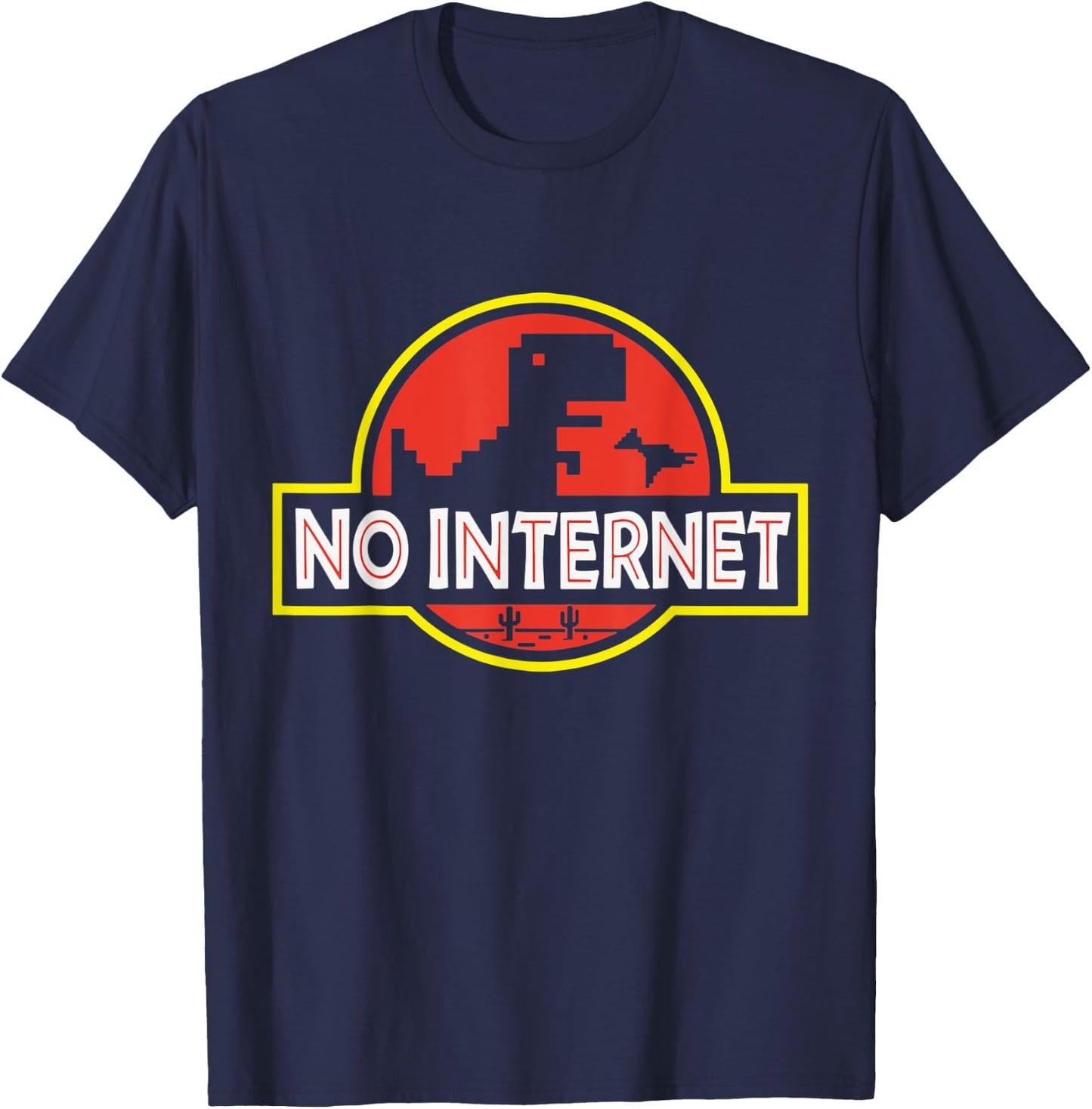 No Internet Funny Gamer Pixel T-Rex Dinosaur Logo T-Shirt - T-Shirt | Navy