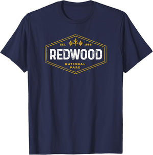 Redwood National Park Shirt Vintage Tree Hexagon Badge Hike T-Shirt - T-Shirt | Navy