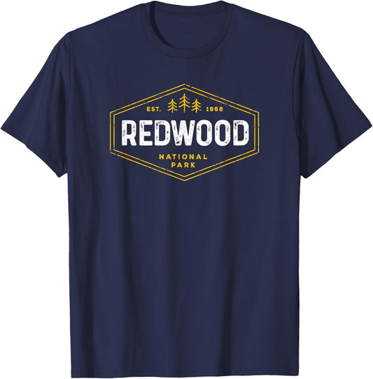 Redwood National Park Shirt Vintage Tree Hexagon Badge Hike T-Shirt - T-Shirt | Navy