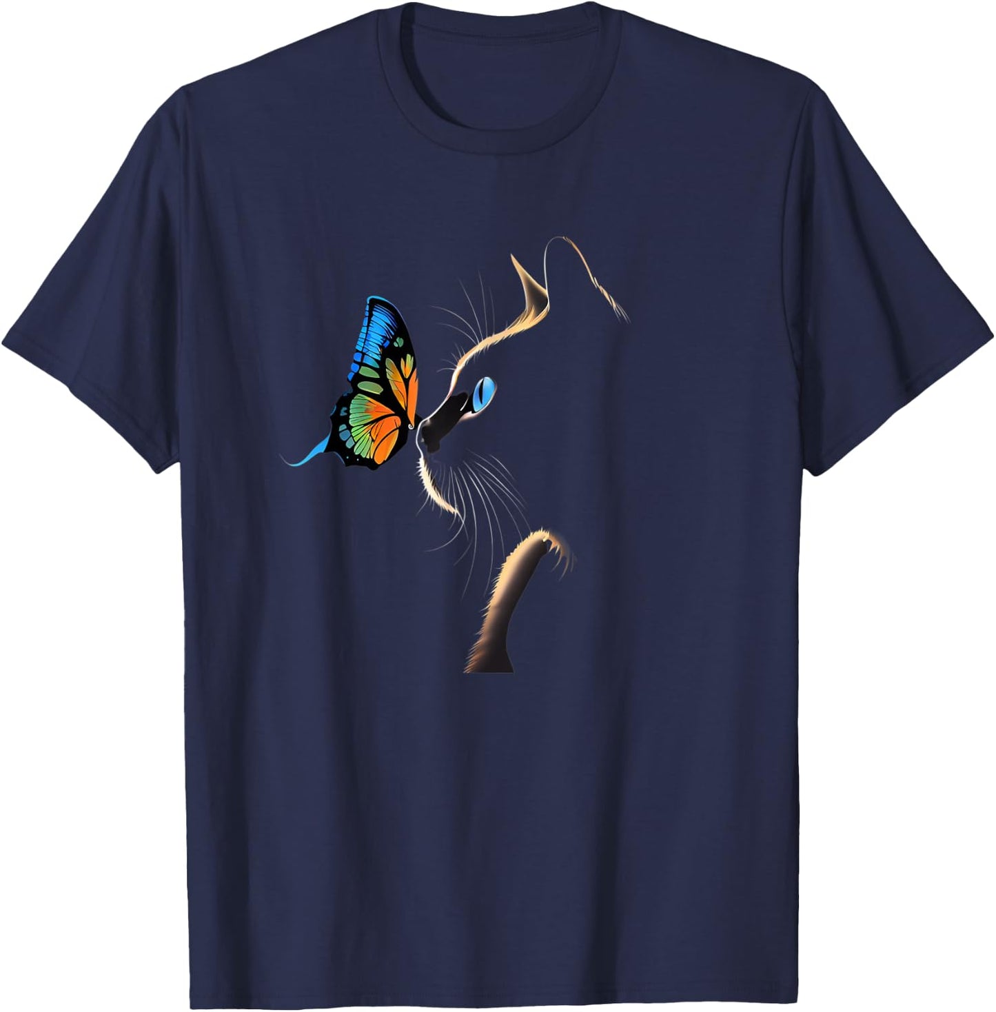 Cat Face - With Butterfly T-Shirt - T-Shirt | Navy