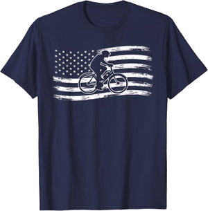 Bicycle Patriotic American Flag Cyclist E-Bike T-Shirt - T-Shirt | Navy