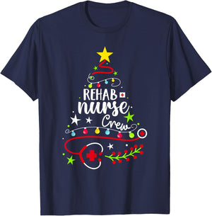 Christmas Nurse Cute Xmas Stethoscope Tree Rehab Nurse Crew T-Shirt - T-Shirt | Navy