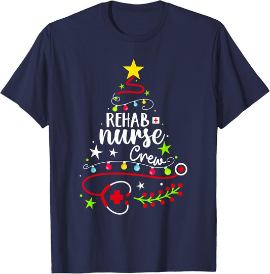 Christmas Nurse Cute Xmas Stethoscope Tree Rehab Nurse Crew T-Shirt - T-Shirt | Navy