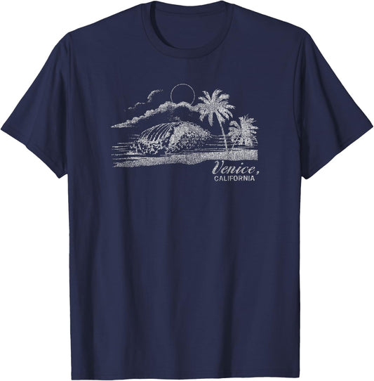 Trendy Classic Centered Venice Beach Wave T-Shirt - T-Shirt | Navy