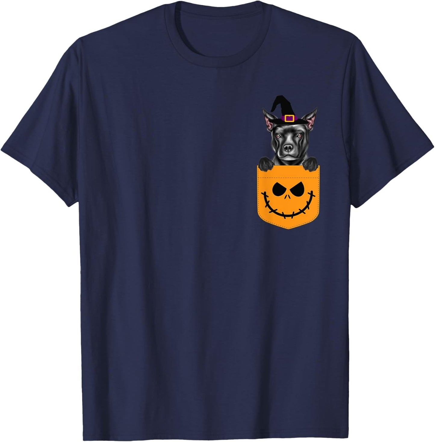 Halloween Pocket Staffordshire Bull Terrier Jack O Lantern T-Shirt - T-Shirt | Navy