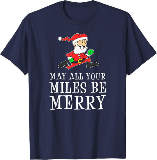 May All Your Miles Be Merry Cartoon Running Santa T-Shirt - T-Shirt | Navy