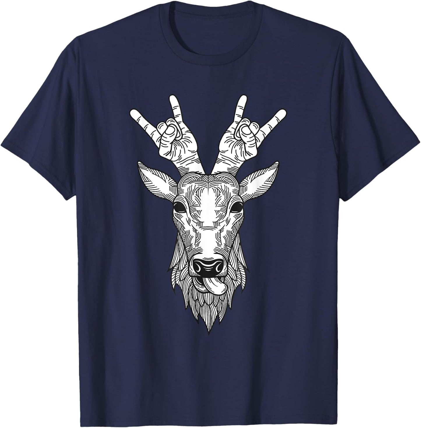 Funny Deer Head Hand Horns Rock And Roll Band Hunter Outfit T-Shirt - T-Shirt | Navy