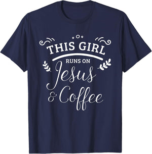 This Girl Runs On Jesus & Coffee Christian Women T-Shirt - T-Shirt | Navy