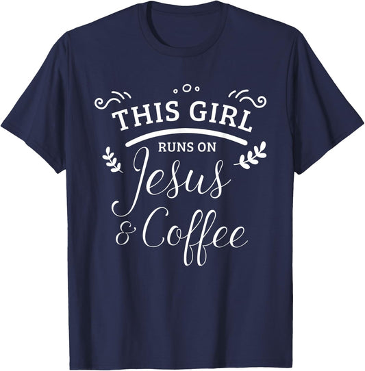 This Girl Runs On Jesus & Coffee Christian Women T-Shirt - T-Shirt | Navy
