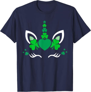 Unicorn Face St Patricks Day Irish Shamrock Women Girls Kids T-Shirt - T-Shirt | Navy