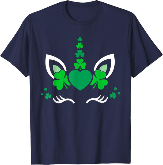 Unicorn Face St Patricks Day Irish Shamrock Women Girls Kids T-Shirt - T-Shirt | Navy