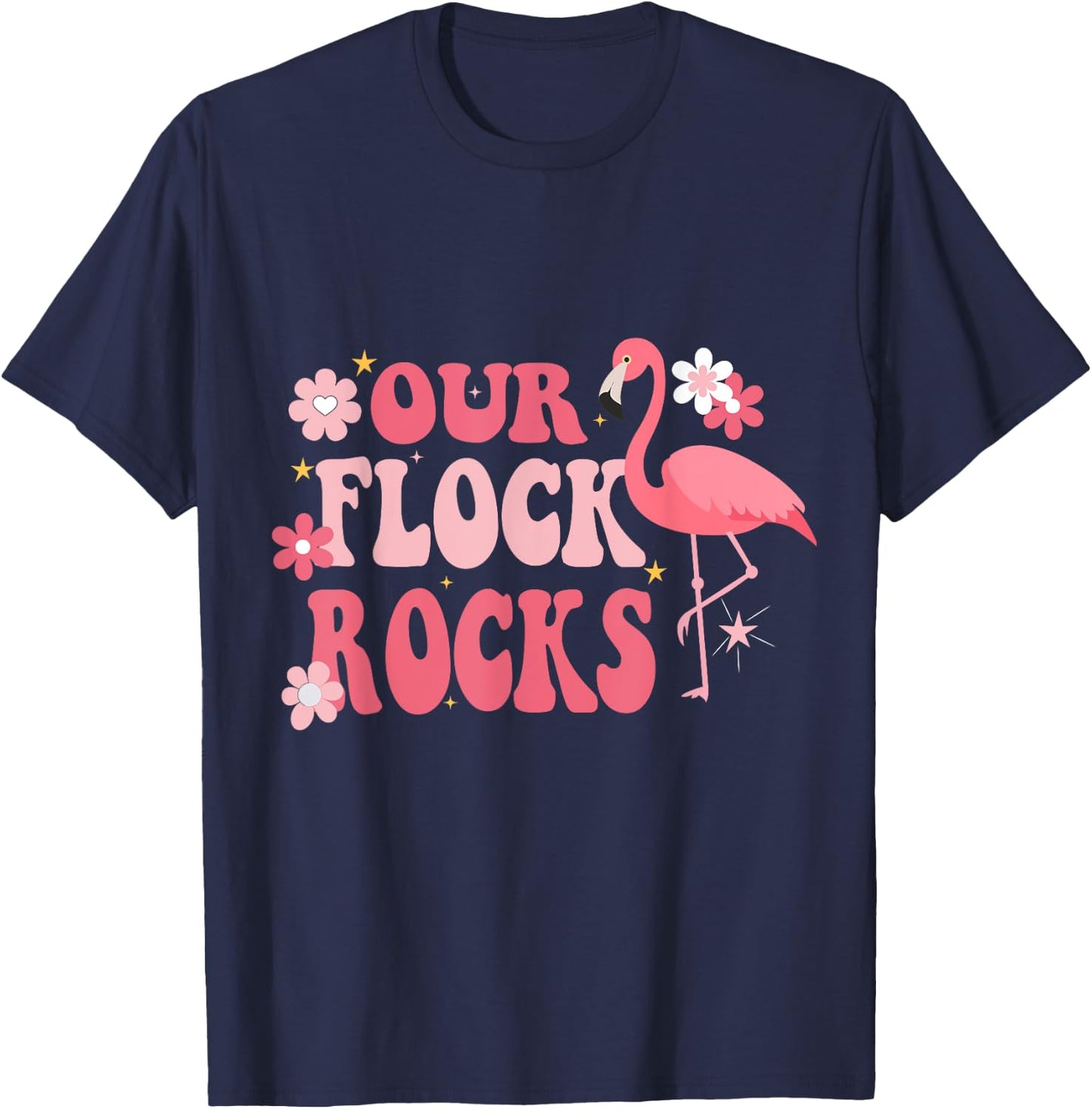 Our Flock Rocks Flamingo Mother's Day Groovy T-Shirt - T-Shirt | Navy