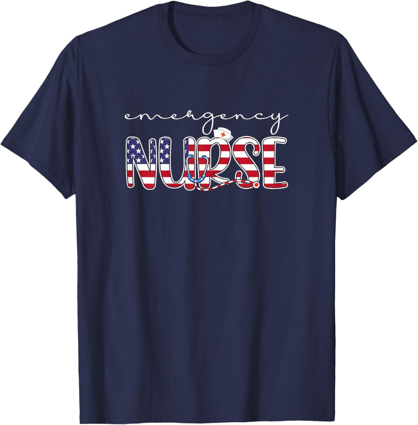 Emergency Nurse American Flag Patriotic Er Nurse 4th Of July T-Shirt - T-Shirt | Navy