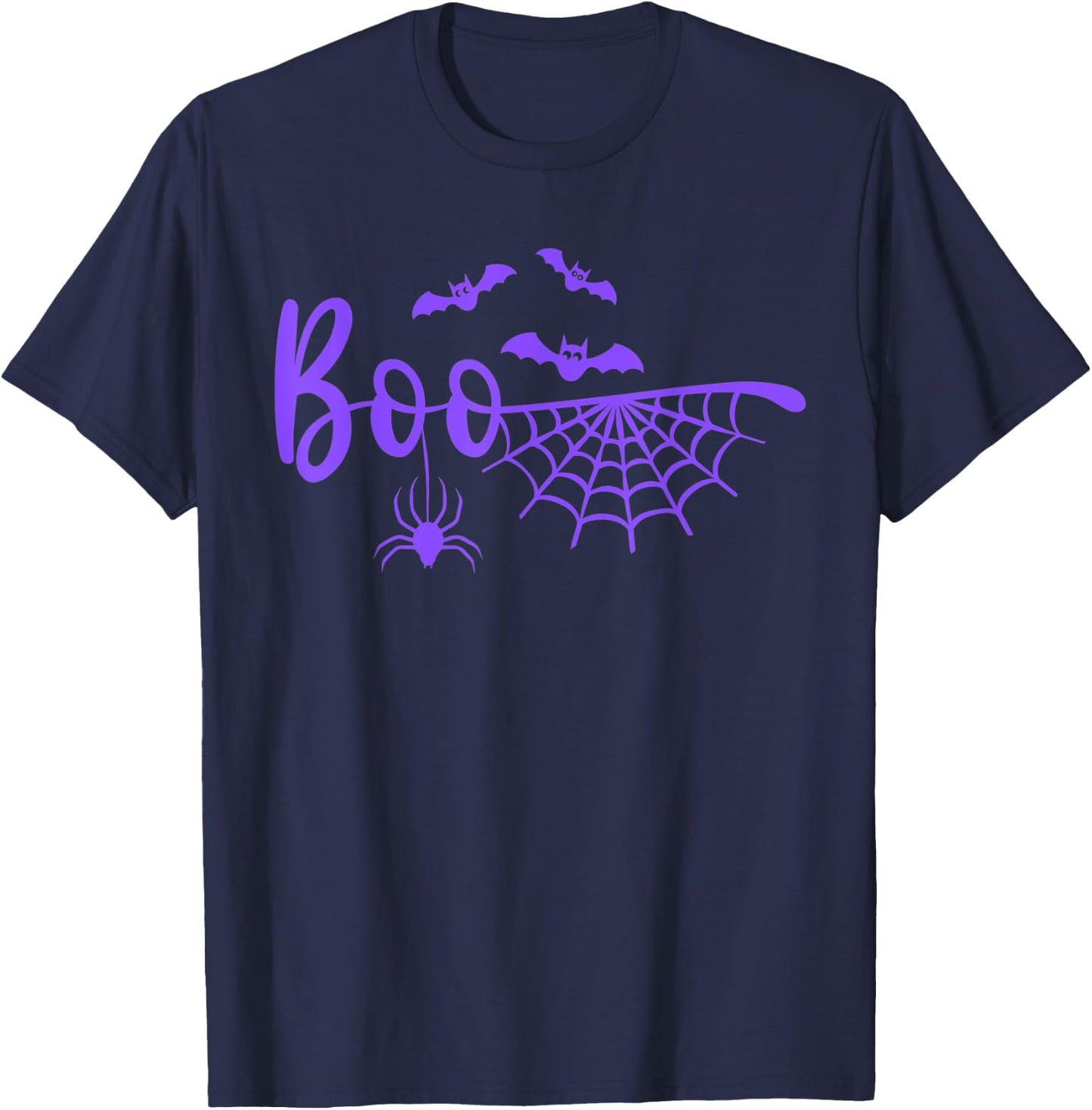 Boo with Web, Spider, and Bats in purple Halloween T-Shirt - T-Shirt | Navy
