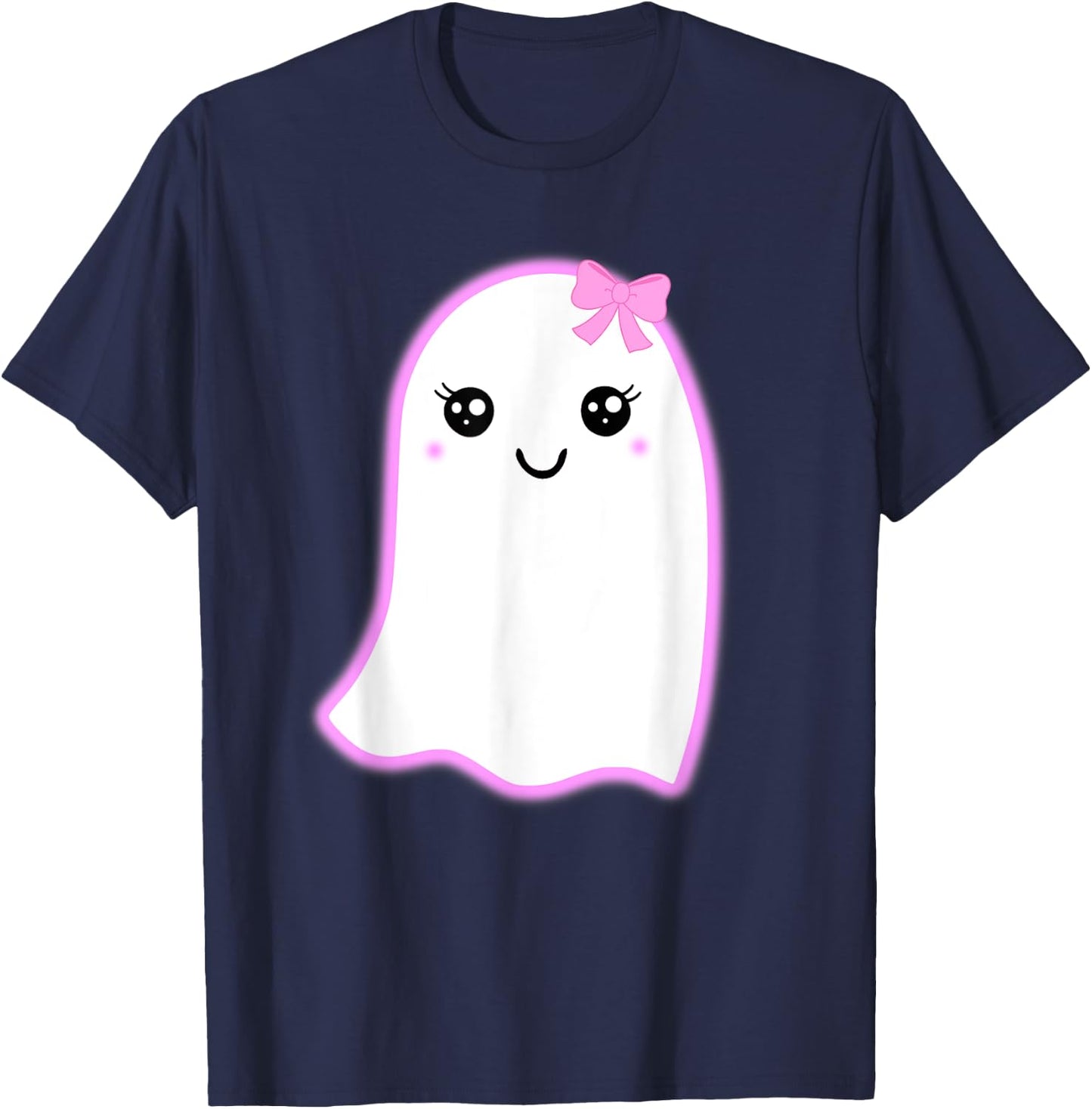 Halloween Cute Ghost Kawaii Style Pink Bow Girls Graphic T-Shirt - T-Shirt | Navy