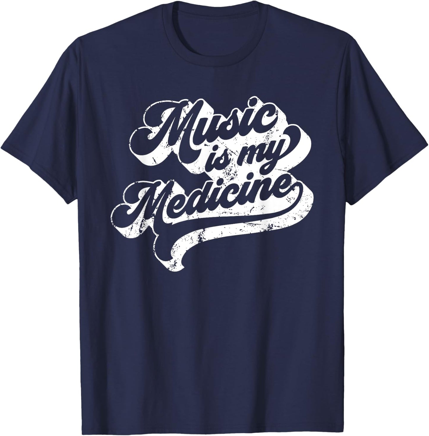 Music Is My Medicine Vintage 70s Retro Style Quote T-Shirt - T-Shirt | Navy