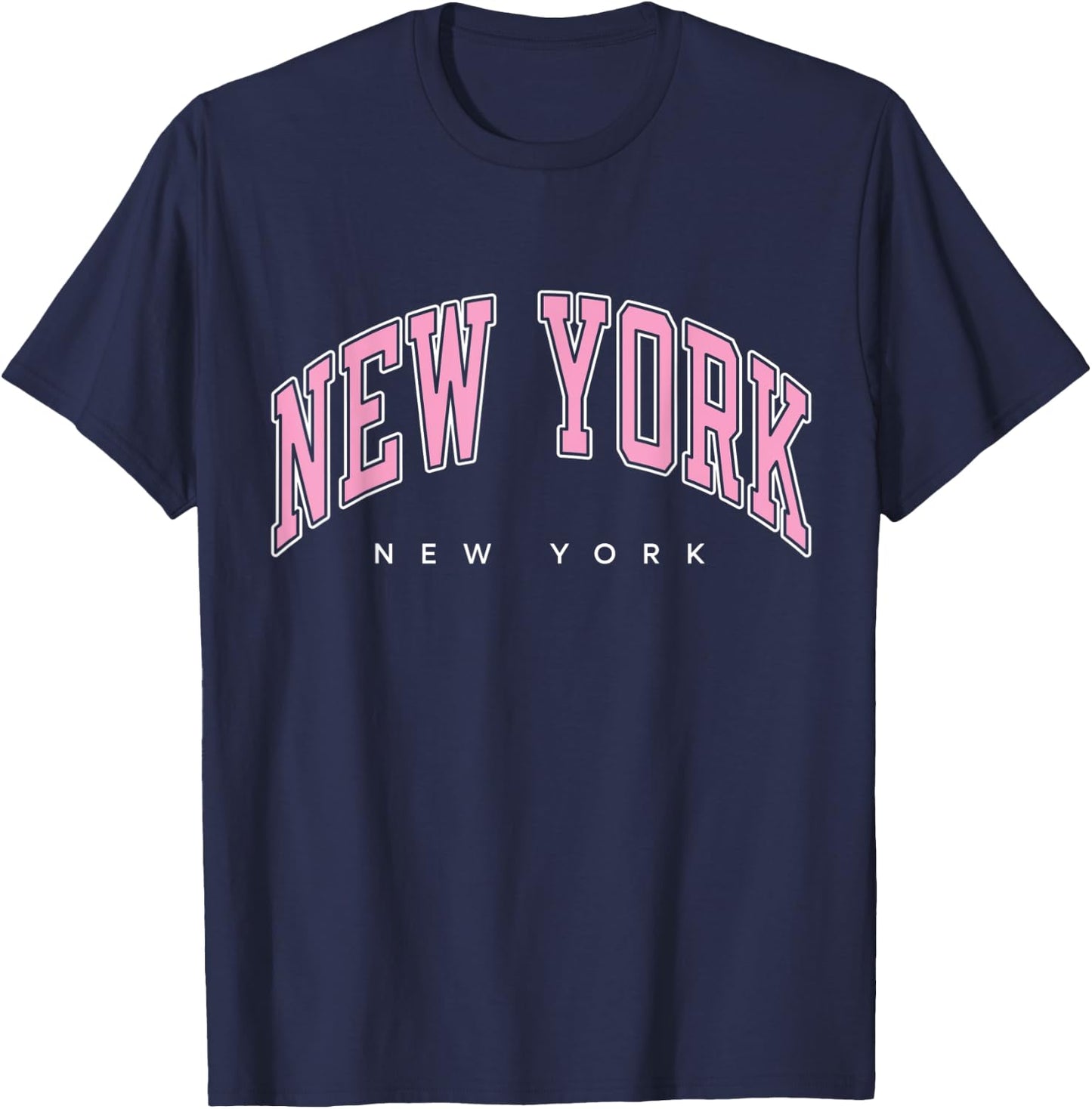 New York New York NY Varsity Style Pink Text T-Shirt - T-Shirt | Navy