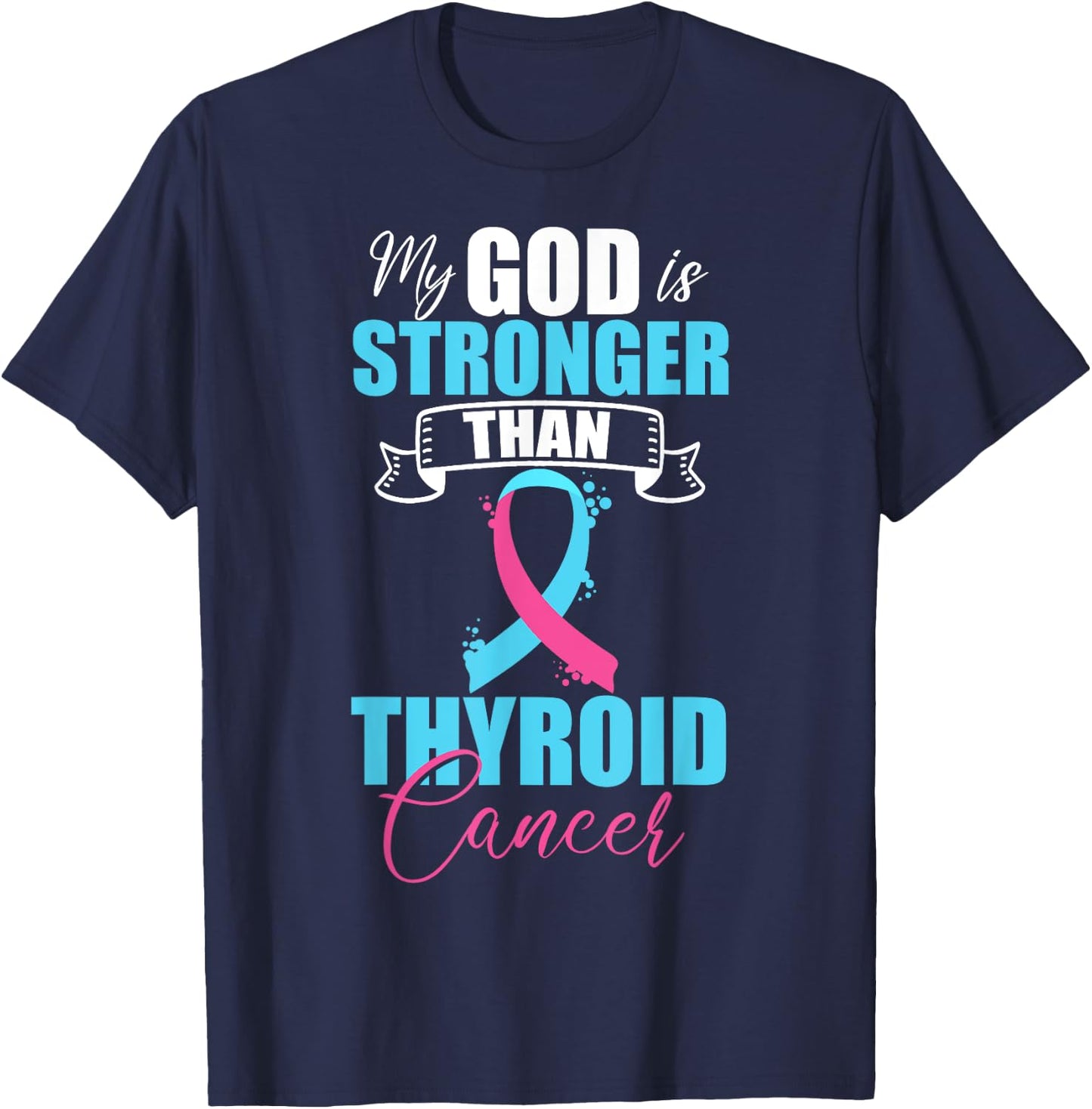 Thyroid Cancer Pink Purple Teal Ribbon Survivor Fighter T-Shirt - T-Shirt | Navy