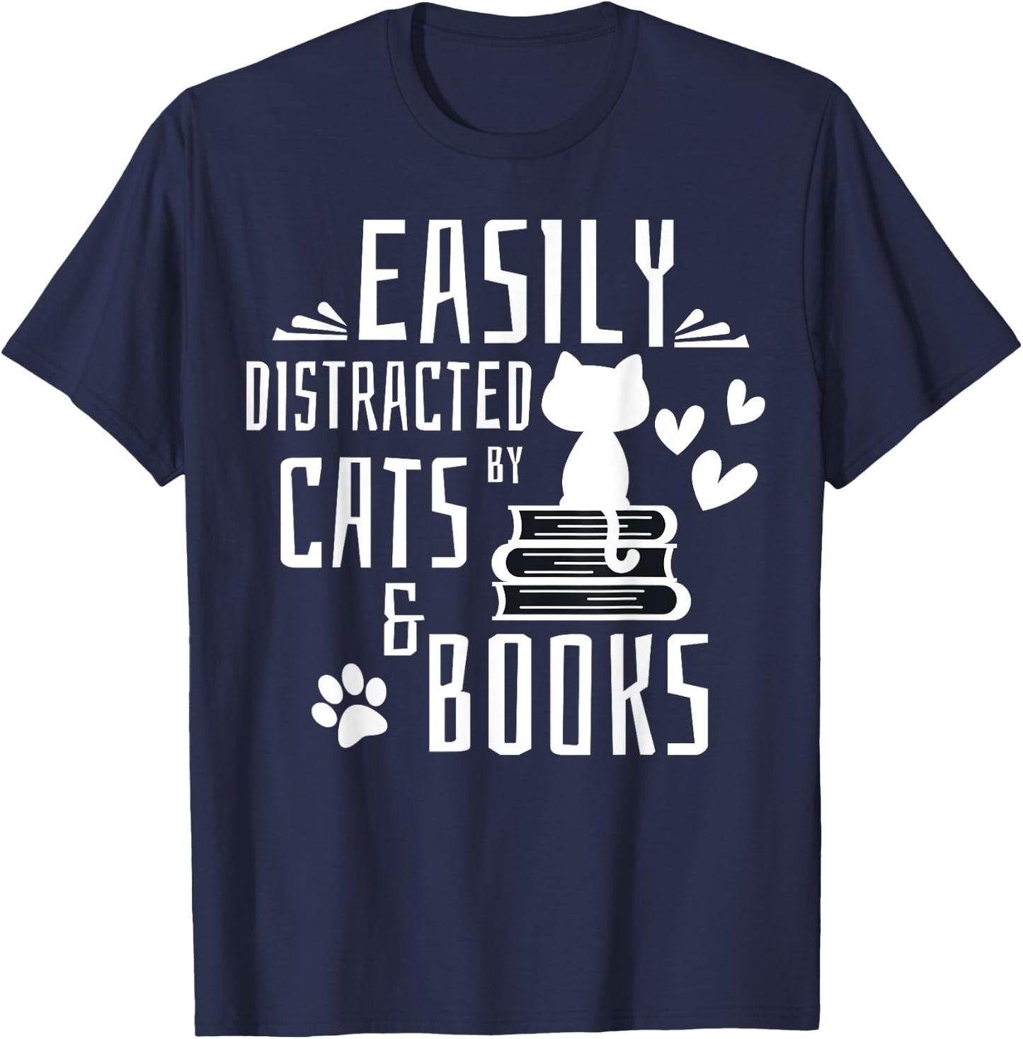 Easily Distracted By Cats And Books Gifts Kids Girls Boys T-Shirt - T-Shirt | Navy