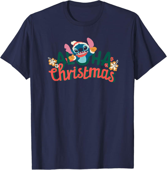 Amazon Essentials Men's Stitch Smiling Aloha Christmas , Black Graphic Print, Small T-Shirt - T-Shirt | Navy