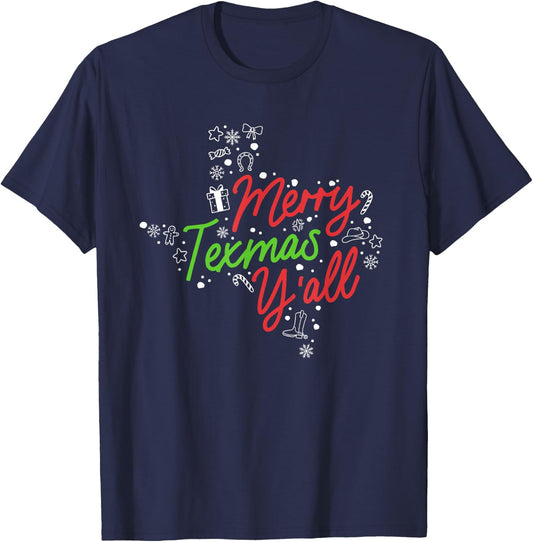 Merry Texmas Y'all Cute Southern Christmas Texas Holidays T-Shirt - T-Shirt | Navy