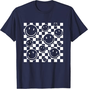 Retro Happy Face Checkered Flag Pattern Men Kids T-Shirt - T-Shirt | Navy