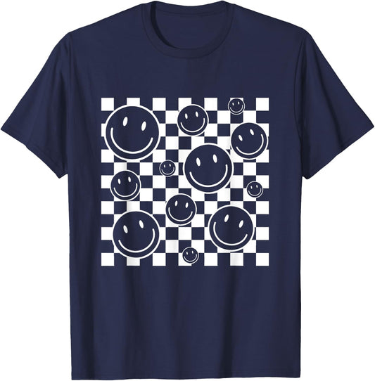 Retro Happy Face Checkered Flag Pattern Men Kids T-Shirt - T-Shirt | Navy