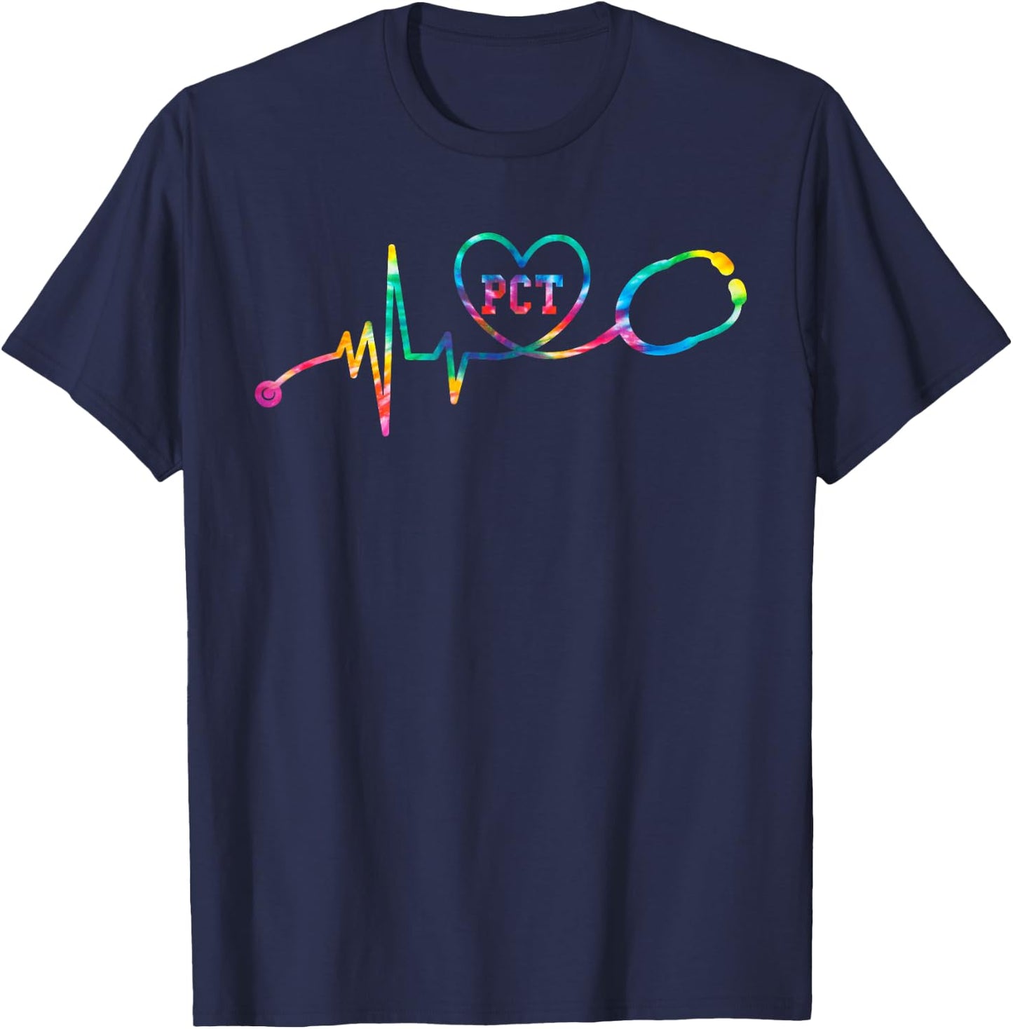 Tie Dye Heartbeat PCT Patient Care Technician Nursing Gift T-Shirt - T-Shirt | Navy