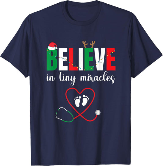 Christmas Baby Delivering - Cute Believe In Tiny Miracles T-Shirt - T-Shirt | Navy