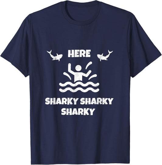 Here Sharky Sharky Fisherman Shark Deep Sea Fishing Angler T-Shirt - T-Shirt | Navy