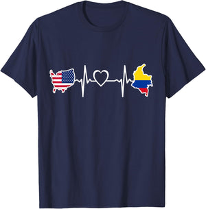 Colombia USA Heartbeat - Colombian American USA Flag T-Shirt - T-Shirt | Navy